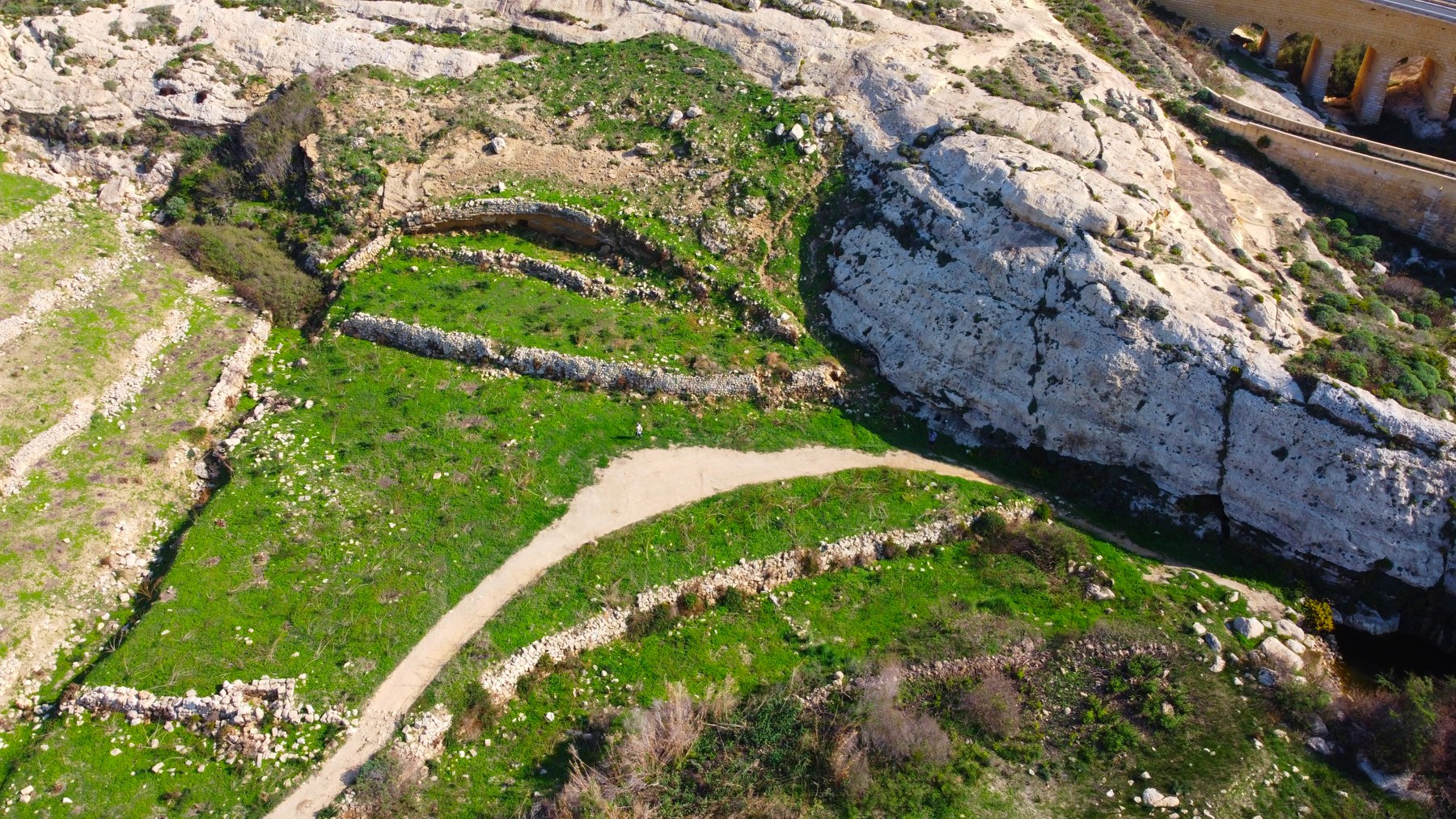 Winding path through green terraced countryside and limestone in Gozo