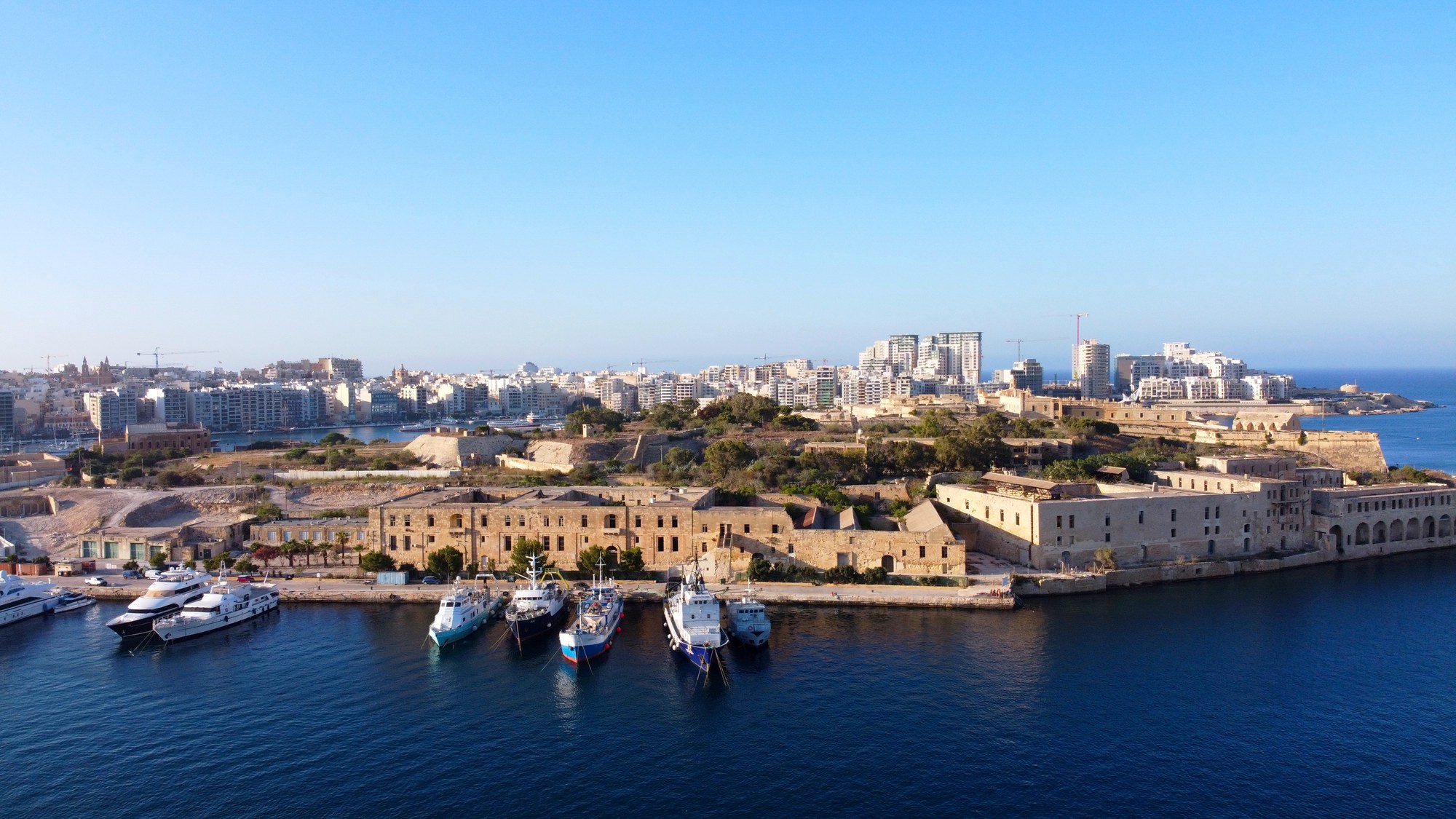 Aerial view across Manoel Island harbour towards Sliema