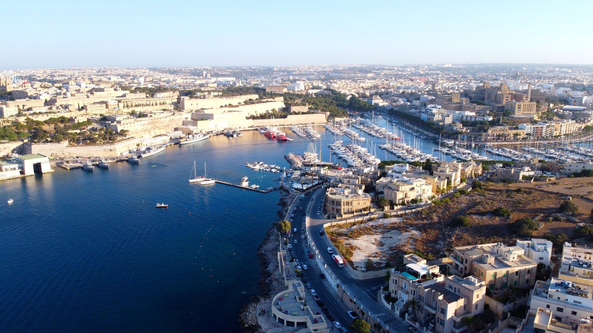 Aerial panorama of Marsamxett Harbour, marinas and surrounding towns