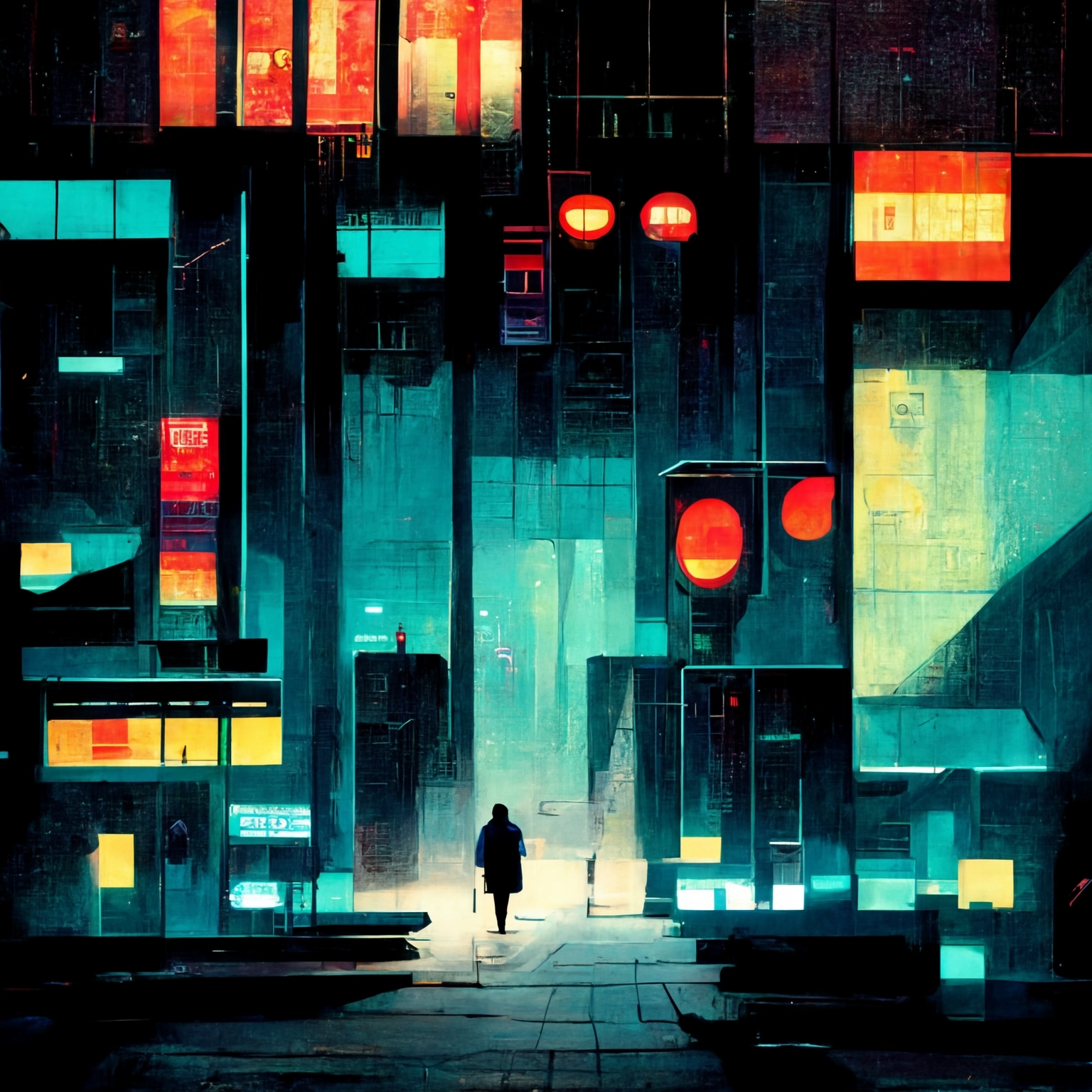 A lone figure walking through a vast teal and orange futuristic city