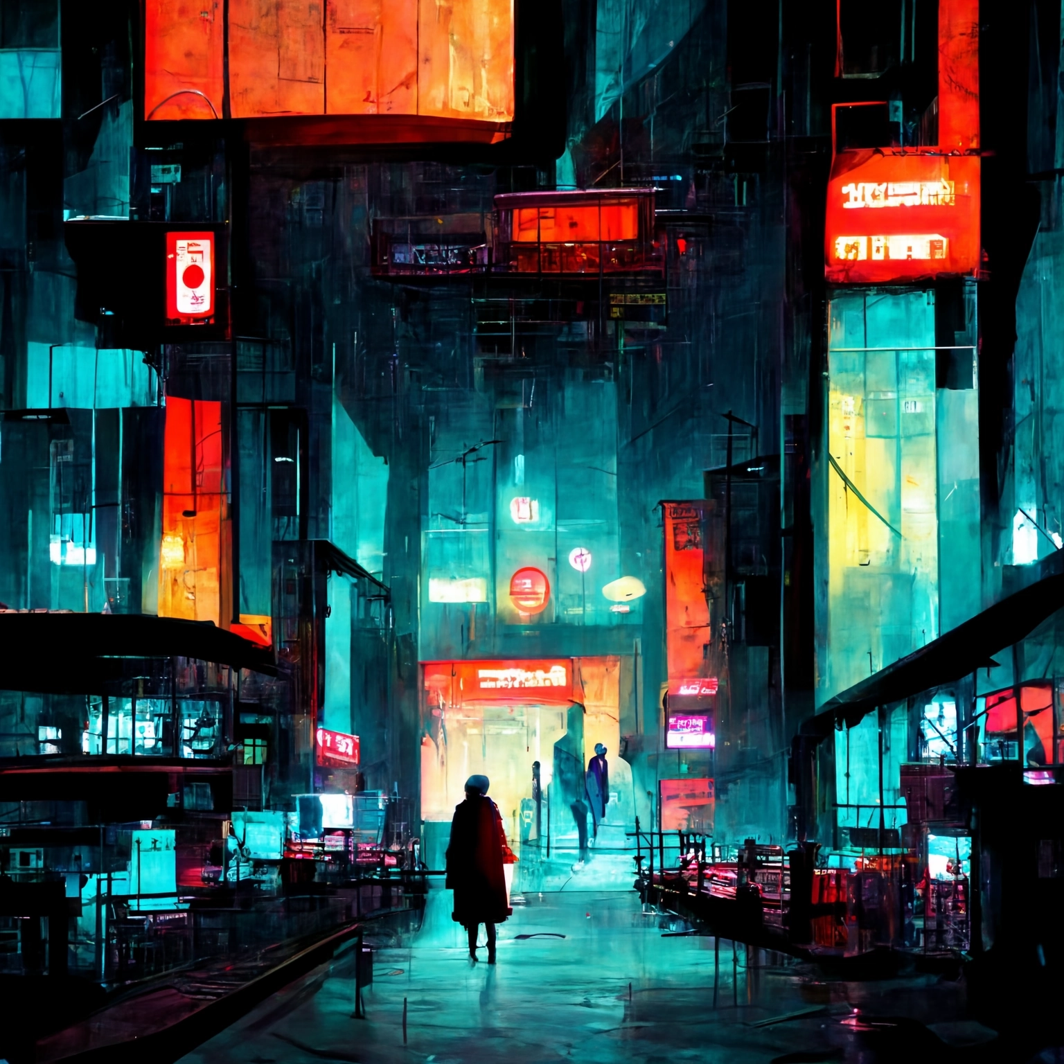 A solitary figure beneath glowing signs in a rain-soaked futuristic city