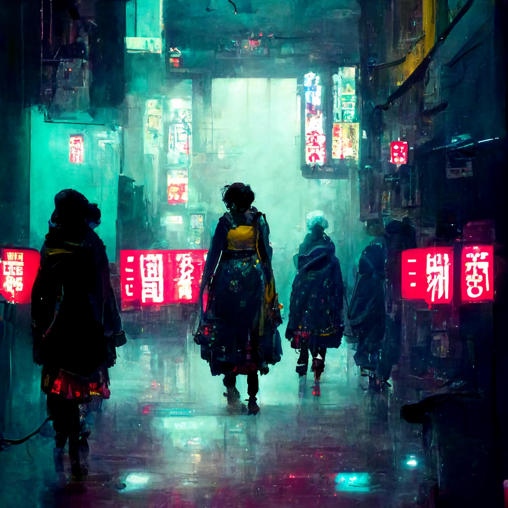 Figures walking through a misty neon-lit city street