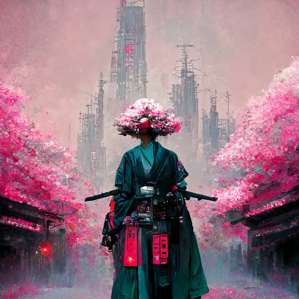 A futuristic warrior with a flowering canopy standing beneath pink blossom trees