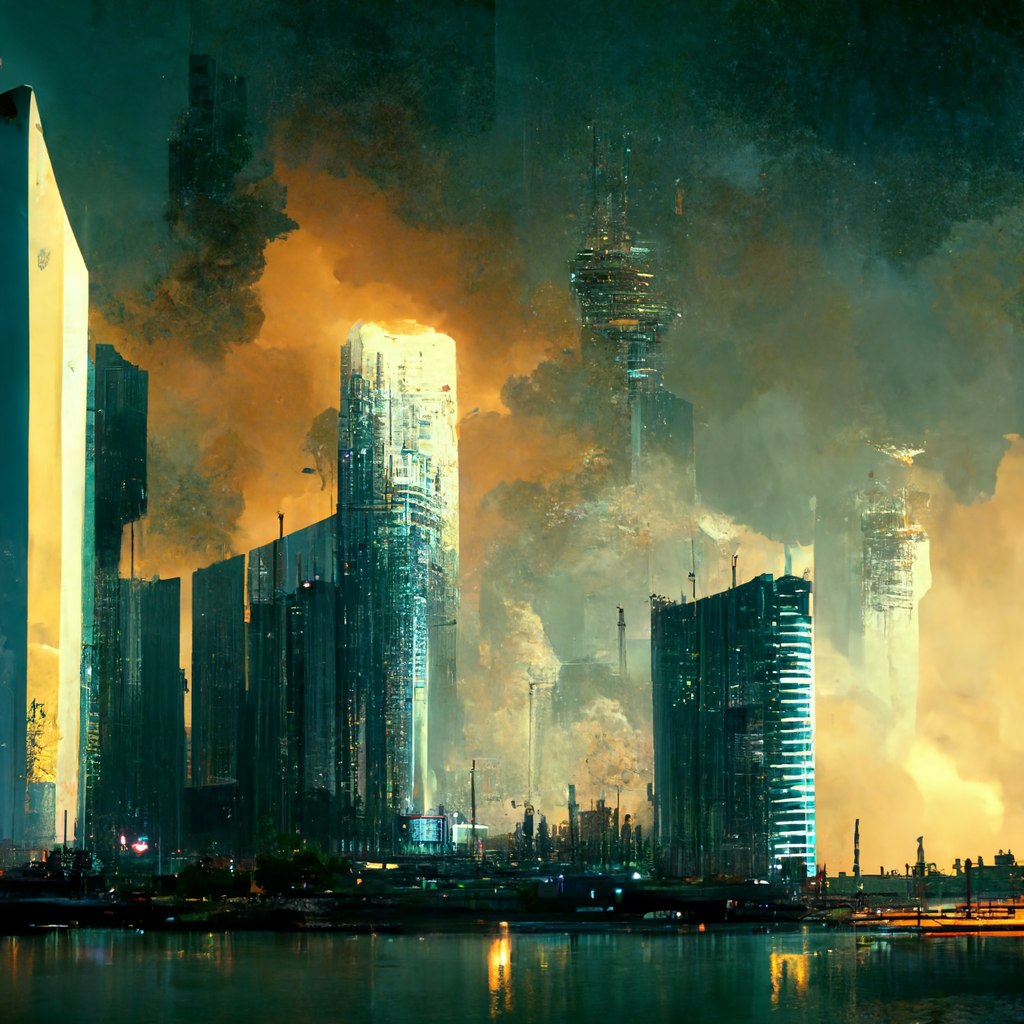 Tall futuristic towers rising through golden smoke beside the water