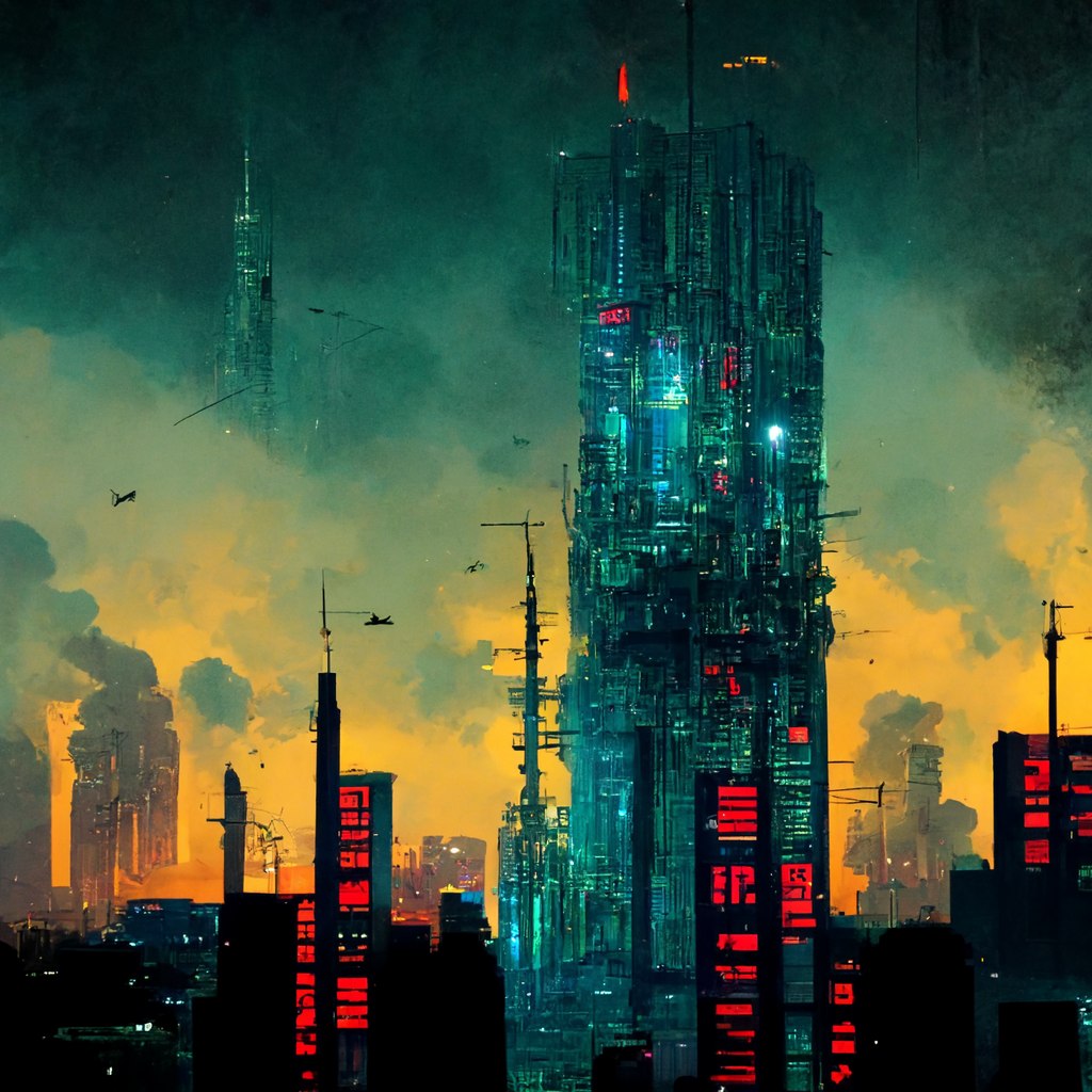 A monumental teal tower above a dark city at sunset