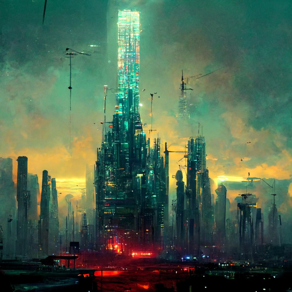 A luminous glass city rising into a turbulent green and gold sky