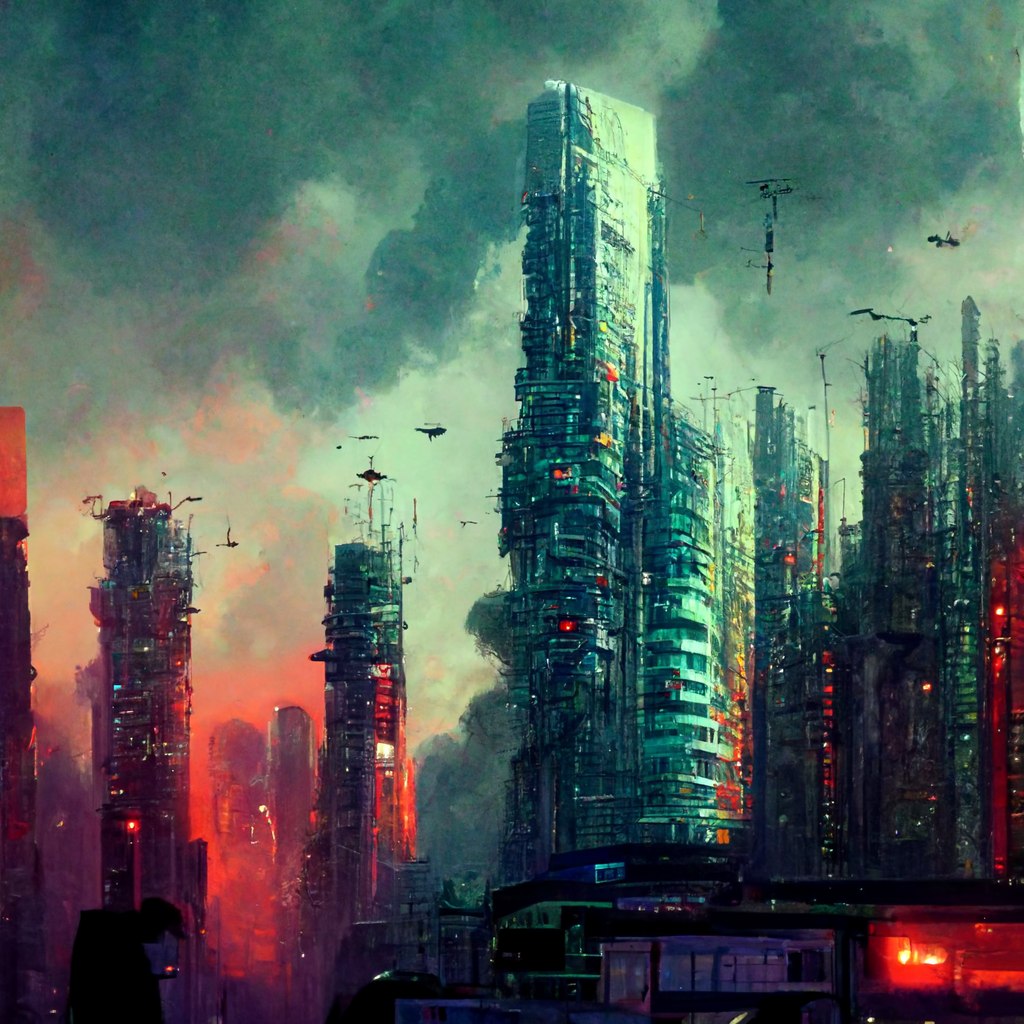 A densely layered futuristic skyline glowing red and teal