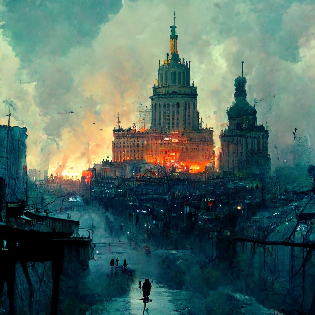 A grand monumental building illuminated by fire-coloured light
