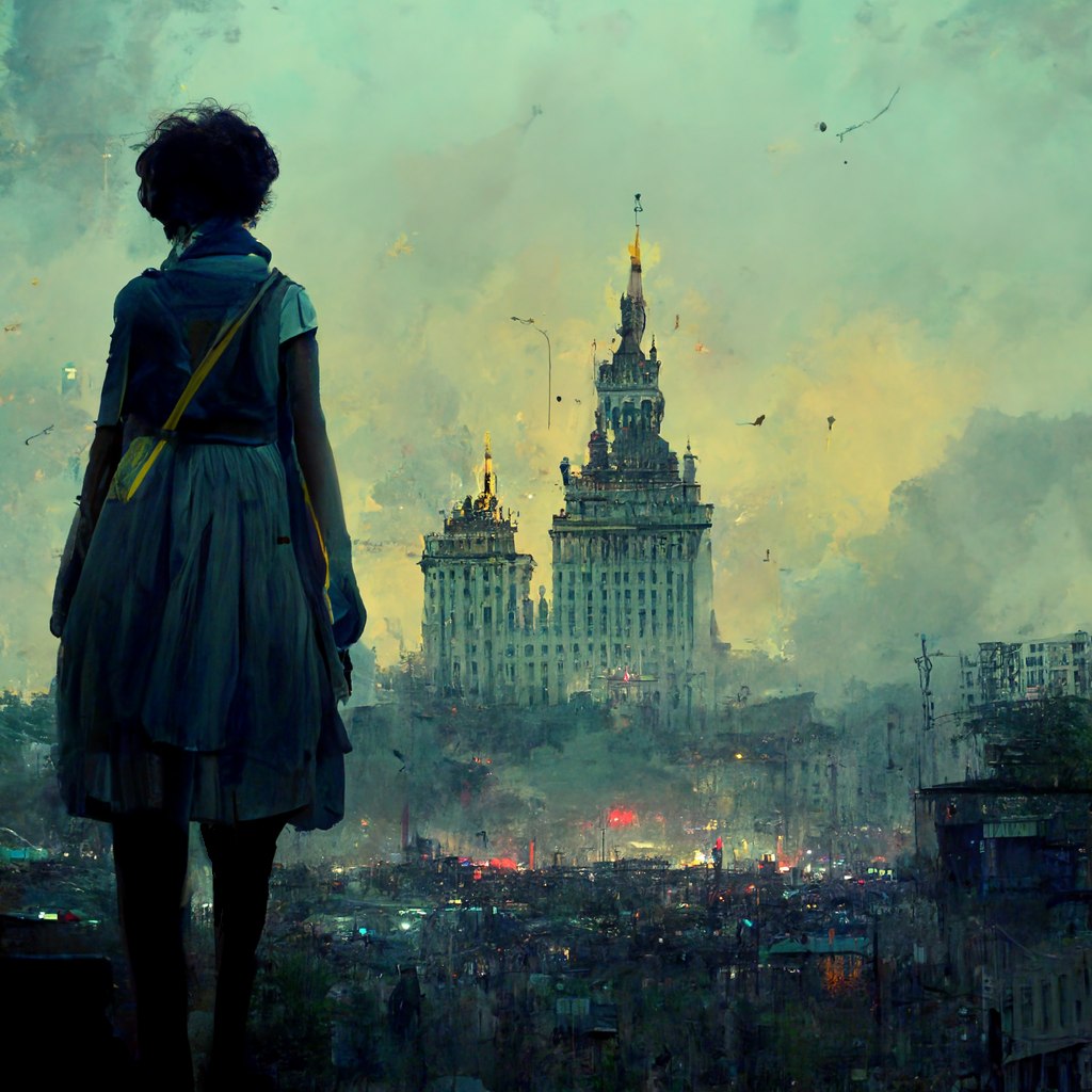 A figure overlooking twin monumental towers in a misty city