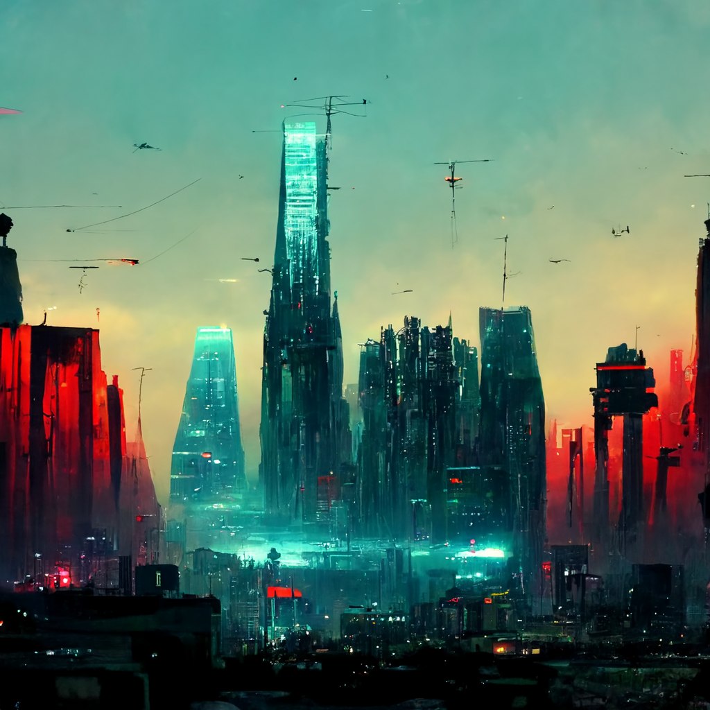 A futuristic megacity skyline under a pale green and gold sky