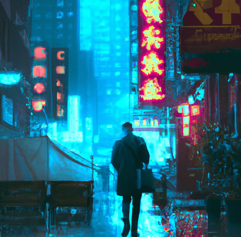 A lone pedestrian in a glowing blue city alley at night