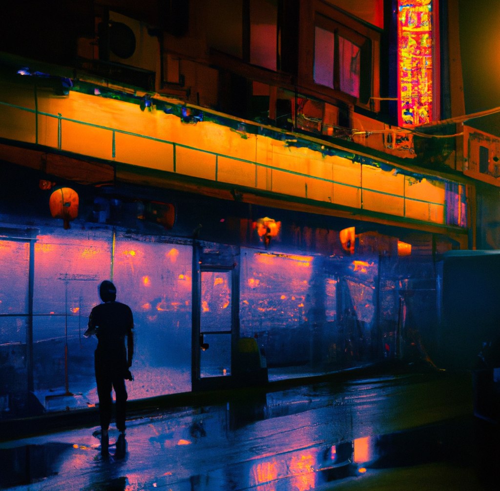 A figure standing beneath an orange-lit elevated walkway