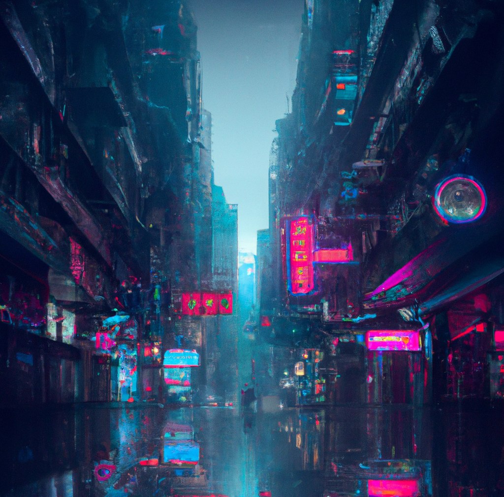 A narrow rain-soaked alley filled with vivid cyan and magenta signs