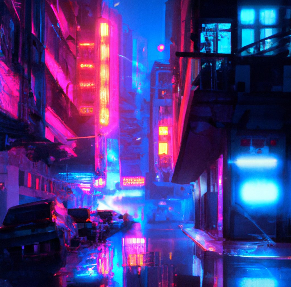 A reflective city street illuminated by blue and magenta neon