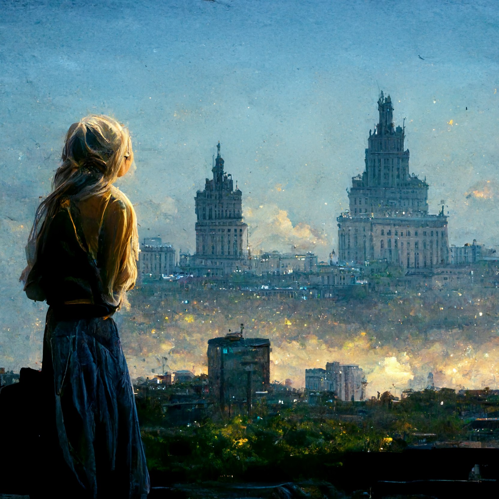 A woman looking across a bright city towards monumental towers