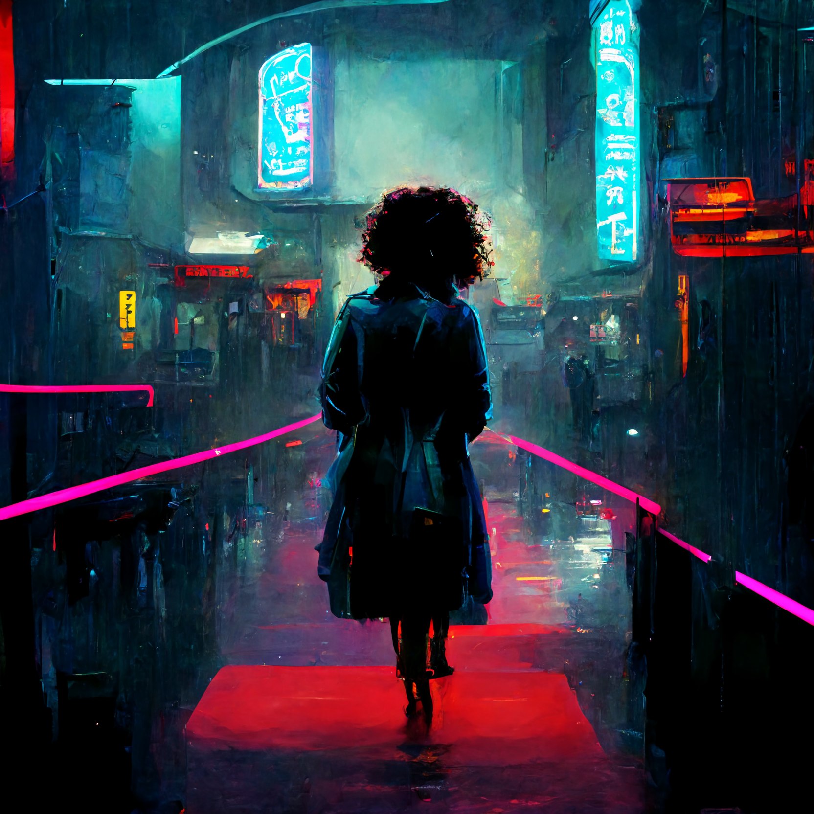 A silhouetted figure walking along a vivid pink path through a dark city