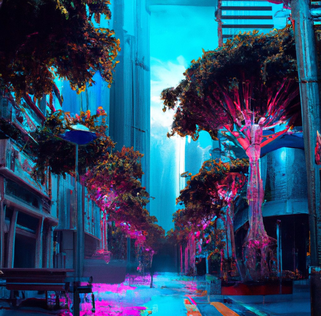 A quiet futuristic street lined with sculptural trees and tall buildings