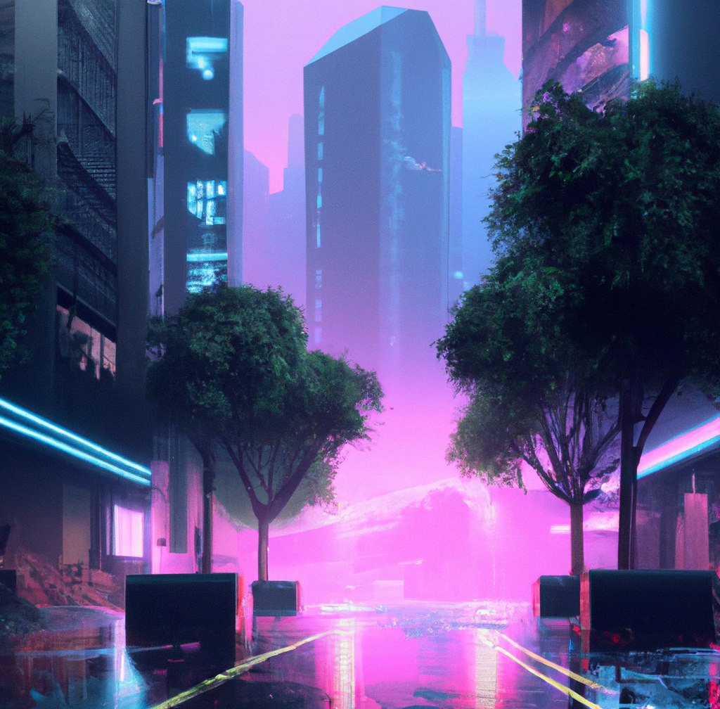 A calm futuristic boulevard fading into soft pink light