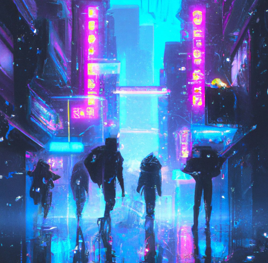 Five figures crossing a rainy neon city street