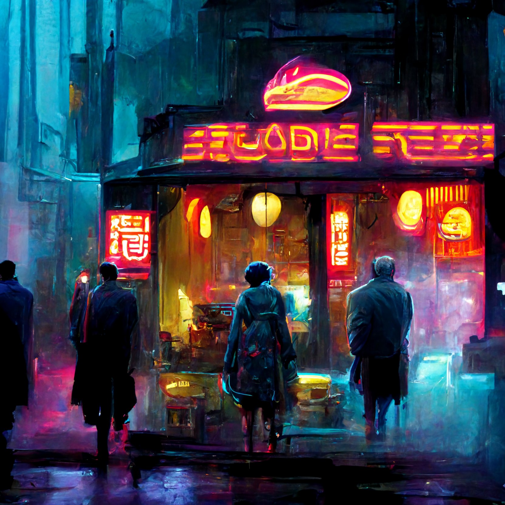 People gathered outside a brightly lit futuristic food shop