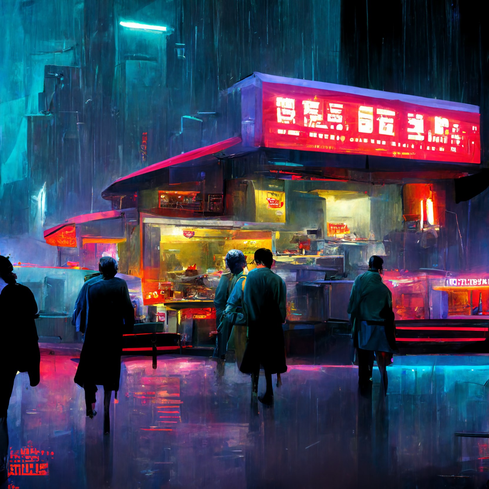 People waiting at a colourful street food counter in the rain