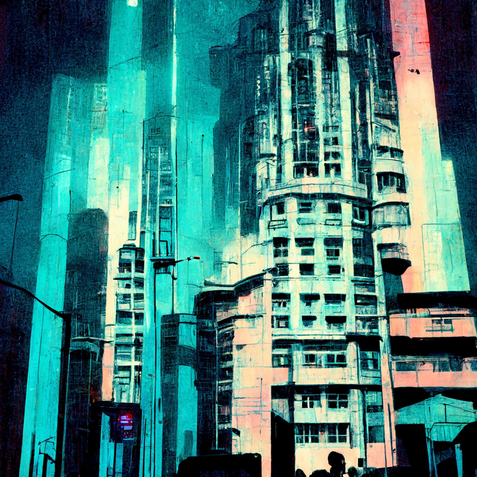 Layered monumental city architecture rendered in teal and pale pink