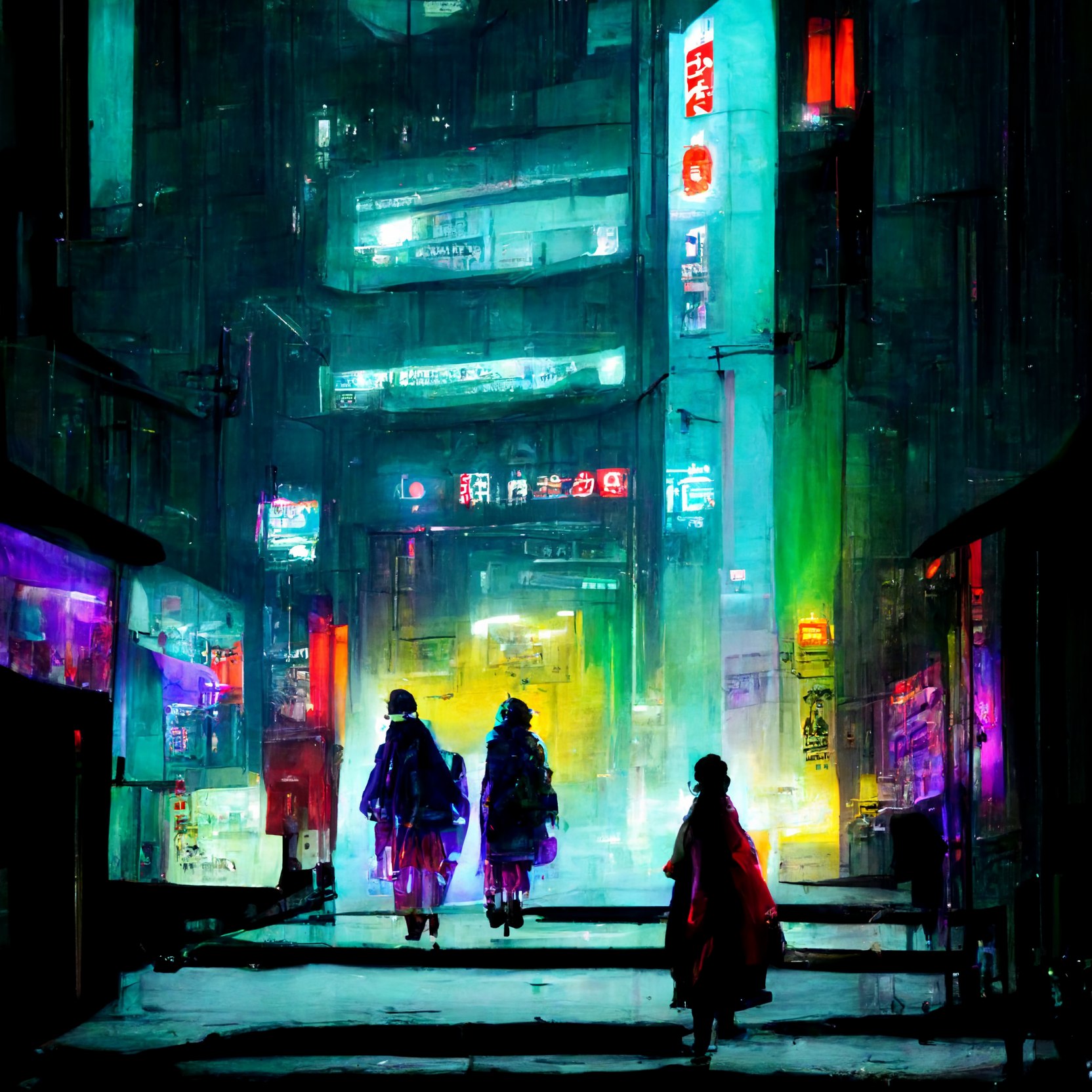 Three figures approaching a luminous opening in a dark futuristic city