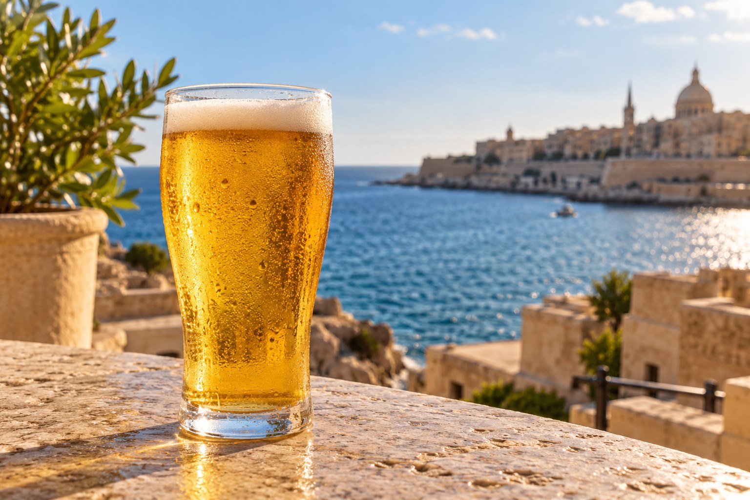 A cold glass of lager beside the Mediterranean