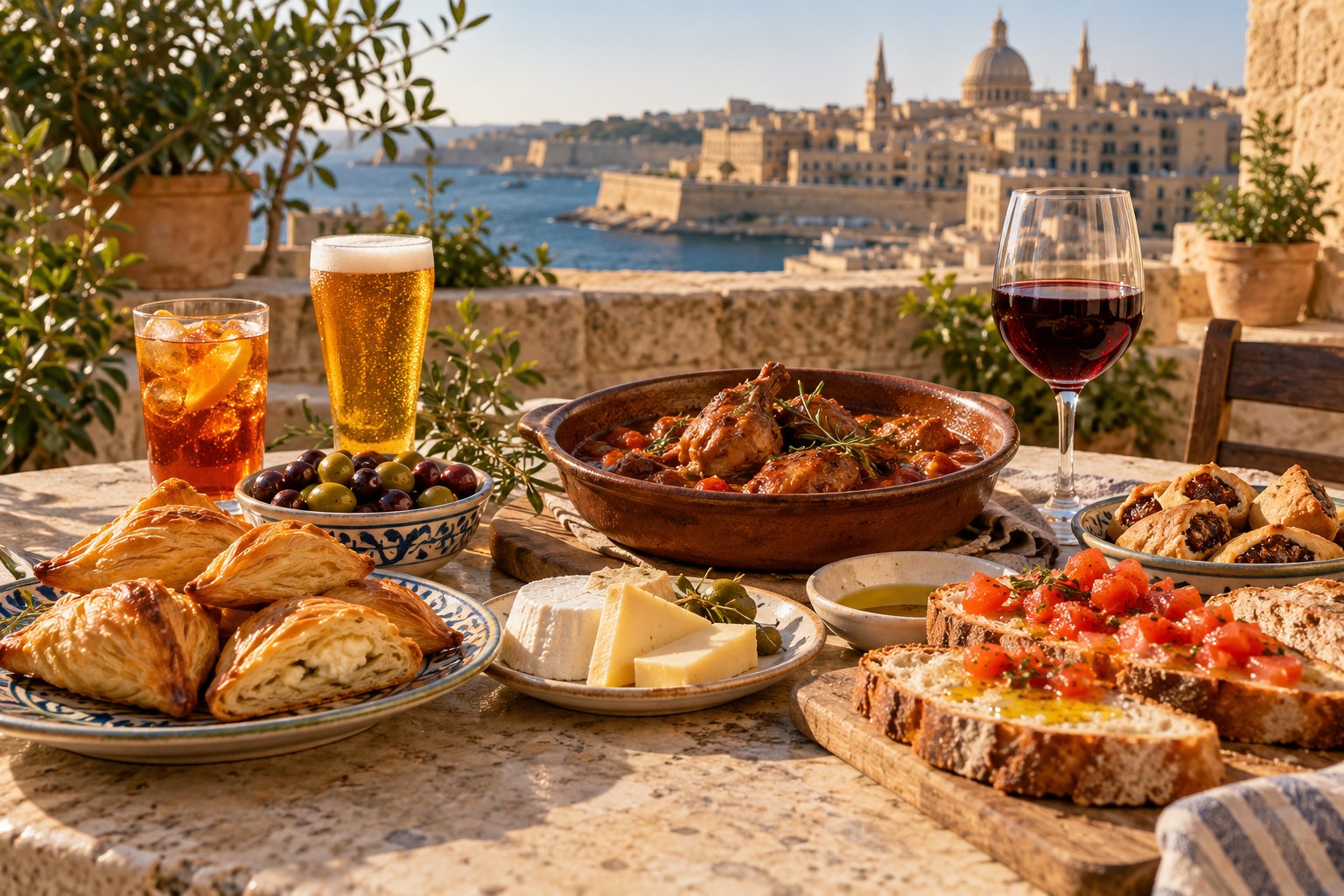 A table spread of Maltese food and local drinks