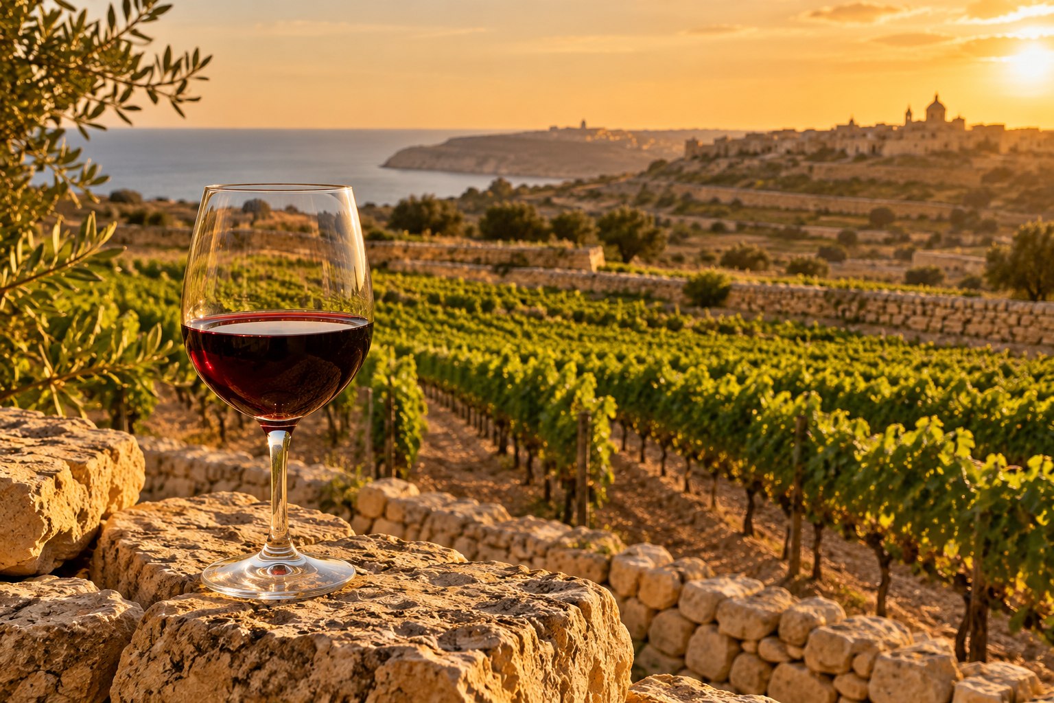 A glass of red wine overlooking a Maltese vineyard